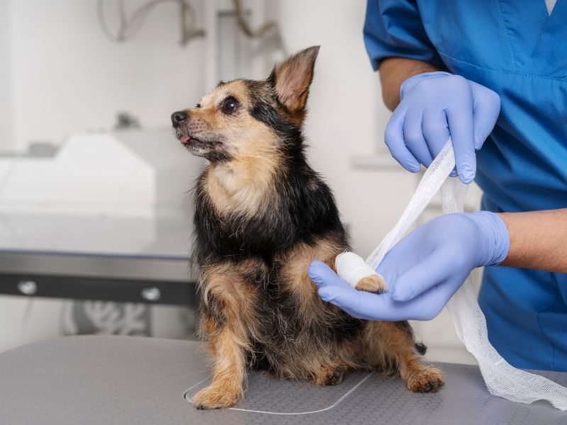 Small Dog getting it's paw bandaged